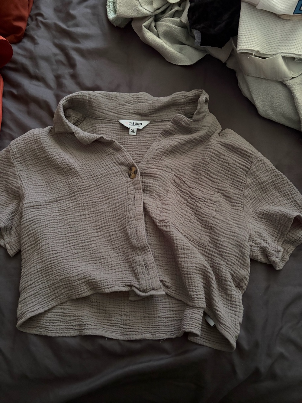 Ci Sono Taupe Textured Cropped Button-Front Top
